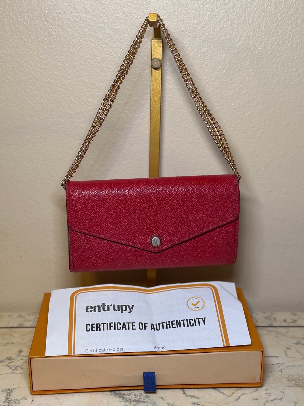 Discontinued-Louis Vuitton Empreinte Red Wallet- With A Gold Chain.